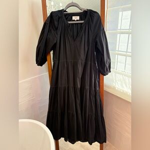 Xirena Black Tiered V-Neck Midi Dress with Colored Stitching Details Cotton XS